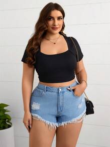 SHEIN Clasi Women's Plus Size Solid Color Simple Casual Denim Shorts - Light Wash - View 3