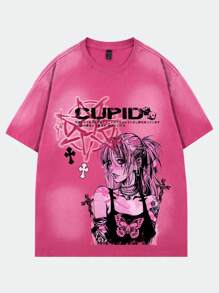 ROMWE MEN Anime 男式复古水洗动漫人物印花短袖 T 恤，夏季，2000 年代风格