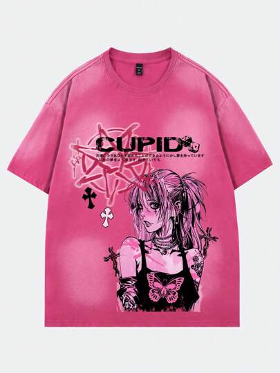 Men's Vintage Wash Anime Character Print Short Sleeve T-Shirt, Summer, 2000s Style