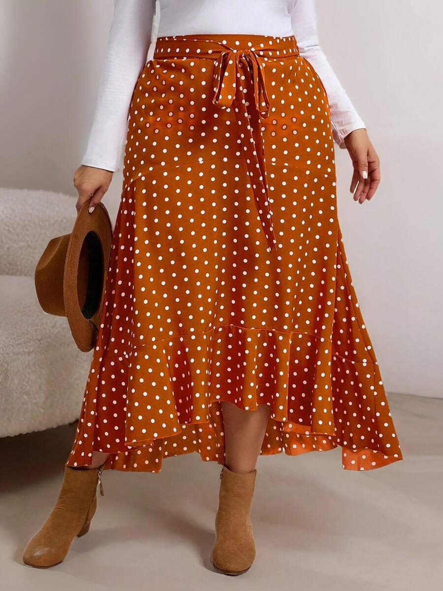 SHEIN VCAY Saia Plus Size vintage com estampa de bolinhas, amarrada na cintura, com base marrom e bolinhas brancas, perfeita para as férias de verão. - Castanho - Visão 1