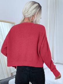 SHEIN LUNE Drop Shoulder Pocket Patched Open Front Crop Cardigan - Hot Pink - View 2