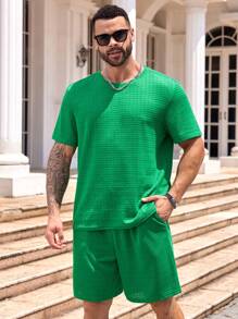 Manfinity Homme Męski zestaw T-shirt z krótkim rękawem i spodenkami z kieszeniami, w dużych rozmiarach, o jednolitej fakturze