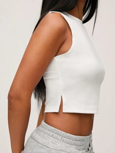 SHEIN BASICS 夏季無袖休閒圓領背心，開叉襬線設計