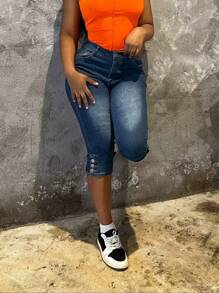 Pantacourt en denim Skinny grande taille pour femmes - Jean brut - Voir 3