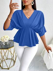 SOLERSUN 女士夏季純色V領蝙蝠袖上衣，波浪邊襬，適合休閒穿著 - 寶藍色 - 查看 1