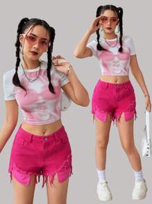 SHEIN Shorts de Denim com Bainha Crua Rasgada para Adolescentes