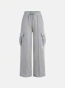 SHEIN Girlism Teen Girl's Knitted Floral Gray Casual Wide-Leg Pants With Patch Pockets