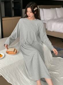 DAZY Striped Raglan Sleeve Loose Home Dress Pajama - Grey - View 6
