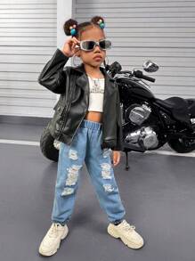 SHEIN Explorewe 2 buc/Set fete fete tinere stradă, negru, motocicletă, jachetă din piele PU, haină și ținută cu pantaloni denim rupti albastru deschis, potrivite pentru toamna/iarna - Negru - Vizualizare 1