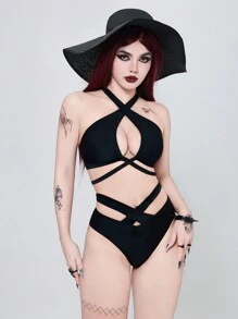 ROMWE Goth Women's Solid Color Cutout Crossed Halter Bikini Set For Summer Beach - Black - View 4