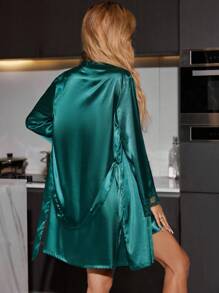 SilkySpell Lace Trim Satin Fashion Cami Nightdress With Belted Robe Pajama Set, Fall Winter Clothes