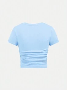 SHEIN Girlism Tween Girls' Casual Short Sleeve T-Shirt With Side Pleats And Hair Tie, Round Neck