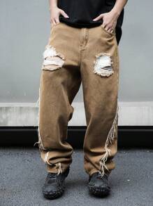 Manfinity EMRG Men Ripped Fringe Trim Straight Leg Baggy Jeans