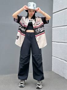 SHEIN Teen Girl's Contrast Color English Printed Pattern Turn-Down Collar Casual Shirt