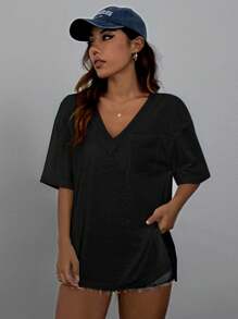 SHEIN EZwear Camiseta casual de verano holgada con cuello en V y mangas cortas, unicolor - Negro - Ver 3