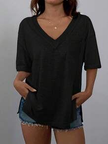 SHEIN EZwear Camiseta casual de verano holgada con cuello en V y mangas cortas, unicolor - Negro - Ver 5
