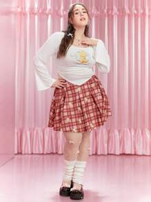 CARDCAPTOR SAKURA | SHEIN Plus Size Autumn Cute Casual Sweet School Style Red Plaid Cartoon Print Pleated Loose A-Line Skirt