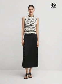 BizChic Áo len dệt kim cổ tròn phối màu cho nữ trang phục mùa thu - Màu be - Xem 6