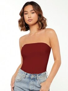 SHEIN BASICS 素色修身抹胸上衣 - 酒紅色 - 查看 3
