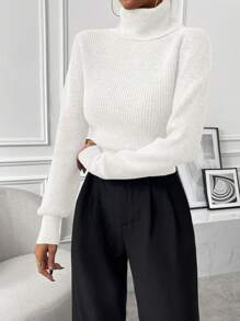 Calvaya 秋冬季休闲纯色高领毛衣，长袖上衣，针织套头衫 - 白色 - 查看 4