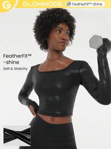 GLOWMODE Foiled Leather Effect Slimfit Square Neck Long sleeve Shirt Active Top With Thumbhole - Black - View 9