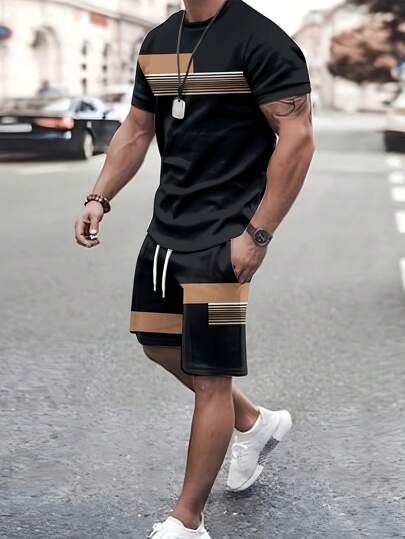 Manfinity Sport Corelite Conjunto deportivo de camiseta de manga corta con estampado simple y pantalones cortos de estilo de novio para hombre, conjunto de gimnasio y entrenamiento de verano