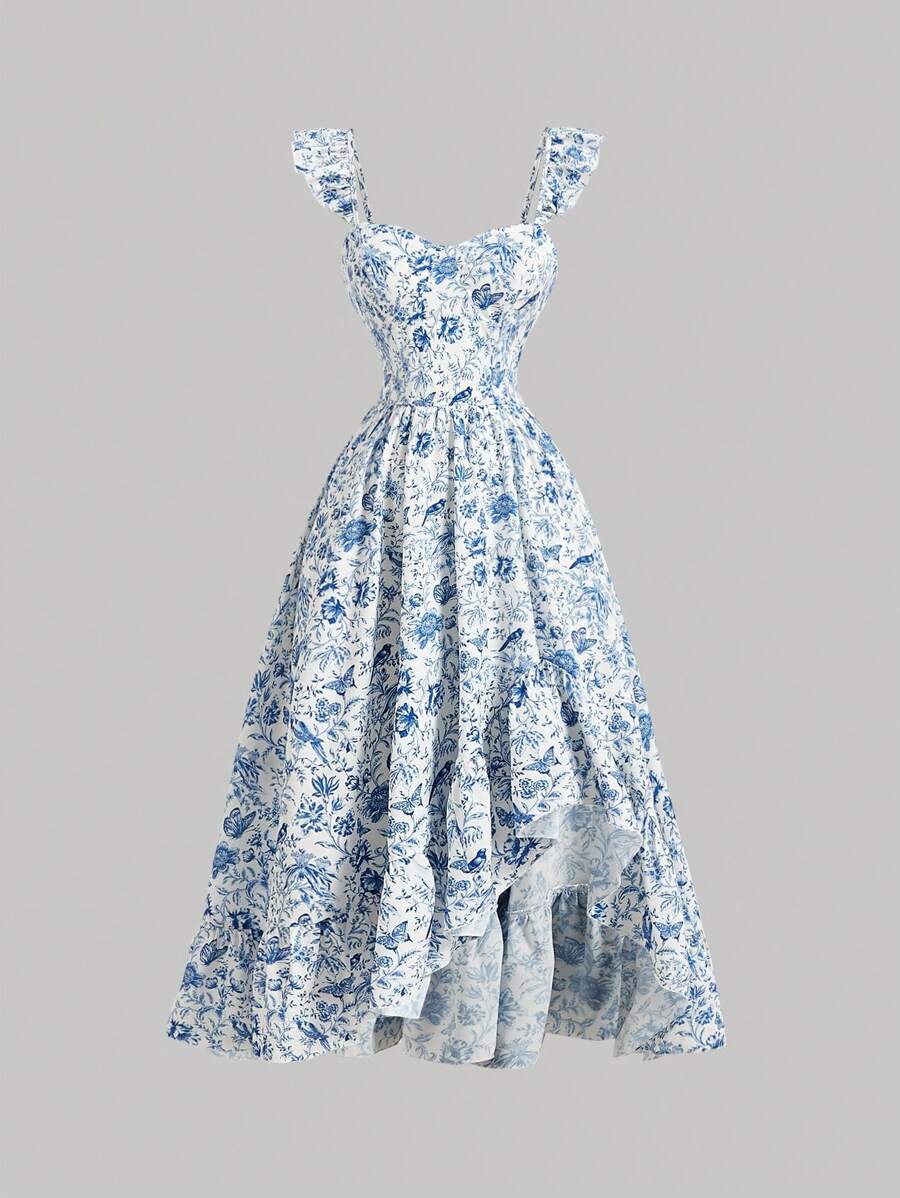 SHEIN MOD Váy in hoa thực vật màu xanh và trắng mùa hè dành cho nữ,Váy hoa dài,Đầm dự tiệc trà,Váy cổ điển,Váy nữ mùa hè,Đầm Hawaii,Đầm dài đi biển,Đầm dài đi biển - Xanh và trắng - Xem 1