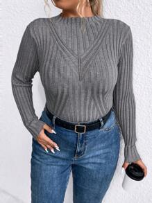 SHEIN LUNE Plus Size Women's Simple Solid Color Long Sleeve Sweater Pullover For Daily Wear Knit Pullover Fall Winter - Grey - View 2