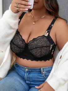 Plus Size Nữ Khâu Ren In Hoa Áo Lót Có Dây, 1 PC - Nhiều màu - Xem 1