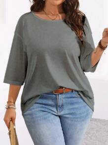 SHEIN LUNE Plus Solid Drop Shoulder Tee For Summer - Grey - View 6