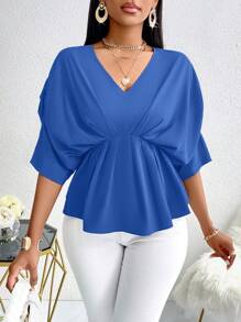 SOLERSUN 女士夏季純色V領蝙蝠袖上衣，波浪邊襬，適合休閒穿著 - 寶藍色 - 查看 5