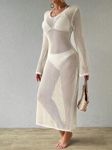 Swim Chiccia 夏季衣服女士圆领透视长袖游泳罩衫连衣裙夏季 - 杏色 - 查看 6