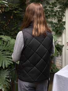 DAZY 冬季撞色饰边纽扣前部加厚外套，冬季女装，加厚外套女式夹克背心 - 黑色 - 查看 5