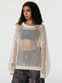 SHEIN EZwear Tween Girls Fall Back To School Lễ hội âm nhạc thoải mái Lưới thoáng khí Áo len cổ tròn màu be - Màu be - Xem 3