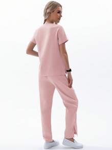 TaskEZ Conjunto de uniforme de enfermera para mujer con coordinación de pantalones y camiseta de manga corta, 2 piezas, para verano - Rosa - Ver 2