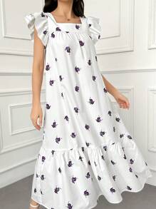 Mulvari Floral Print Square Neck Butterfly Sleeve Dress - Purple - View 4