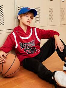 SHEIN 2pcs/Set Teen Boys' Casual Hoodie And Sweatpants Outfit, Printed Basketball Design - Red - View 3