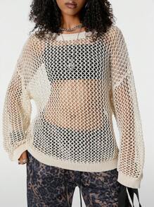 SHEIN EZwear Tween Girls Fall Back To School Lễ hội âm nhạc thoải mái Lưới thoáng khí Áo len cổ tròn màu be - Màu be - Xem 2