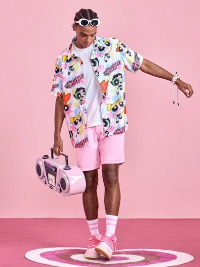 The Powerpuff Girls | ROMWE Camicia a maniche corte casual da uomo con stampa di cartoni animati e lettere, estiva, adatta per la scuola