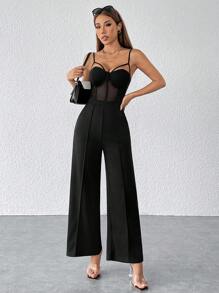 SHEIN PETITE Women Are Suitable For Parties. Sexy Party Wear. Breast Cup Black Suspender Jumpsuit. - Black - View 3