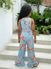 SHEIN 女孩印花荷葉邊繞頸喇叭連身褲 - 彩色 - 查看 2