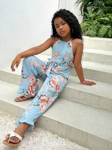 SHEIN 女孩印花荷葉邊繞頸喇叭連身褲 - 彩色 - 查看 3