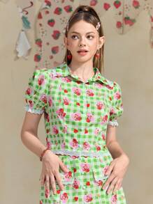 Strawberry Shortcake X SHEIN Women's Fashionable Plaid And Strawberry Printed Country Vintage Puff Sleeve Top ,Puff Sleeves Wet Shirt