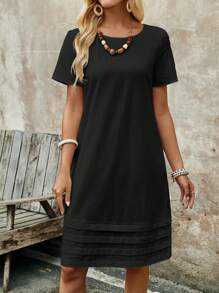 EMERY ROSE Women's Solid Color Round Neck Short Sleeve Simple Casual Dress, For Daily Wear - Black - View 5