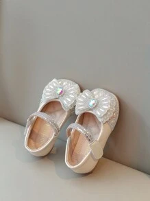 1雙新款夏季蝴蝶結珍珠與鑽石公主風格女孩平底鞋，防滑軟底兒童鞋 - 杏色 - 查看 2