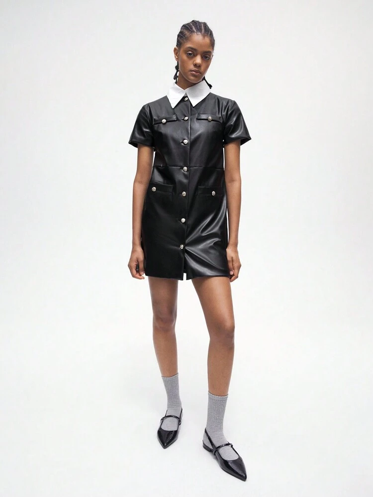 SHEIN Maija Women Back To School Black PU Leather Casual Short Sleeve Button-Down Mini Dress