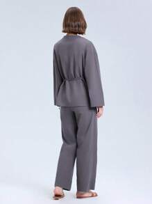 Solid Color V-Neck Cross Wrap Kimono Style Belted Top And Pants Casual Set - Dark Grey - View 2