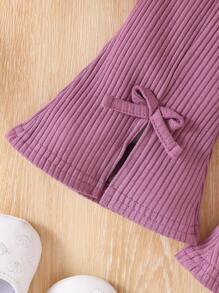 时尚可爱女婴优雅 3D 花朵玫瑰拼布泡泡袖上衣和纯色喇叭裤套装 - 粉色 - 查看 4