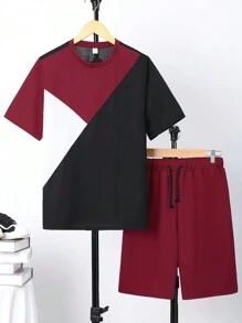 SHEIN Ensemble De T-shirt Décontracté Pour Adolescent Avec Blocs De Couleurs Et Shorts De Poche Avec Cordon De Serrage De Couleur Unie - Multicolore - Voir 1