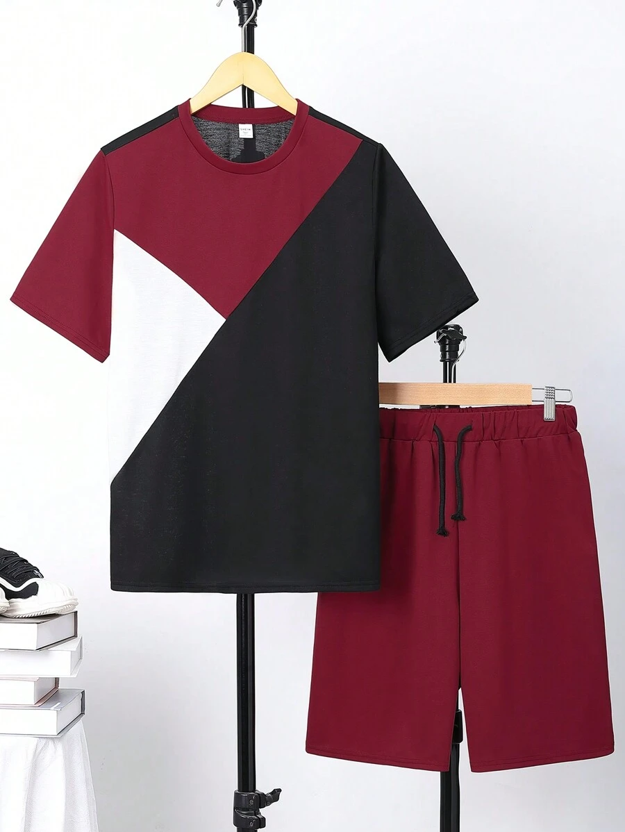 SHEIN Ensemble De T-shirt Décontracté Pour Adolescent Avec Blocs De Couleurs Et Shorts De Poche Avec Cordon De Serrage De Couleur Unie - Multicolore - Voir 1